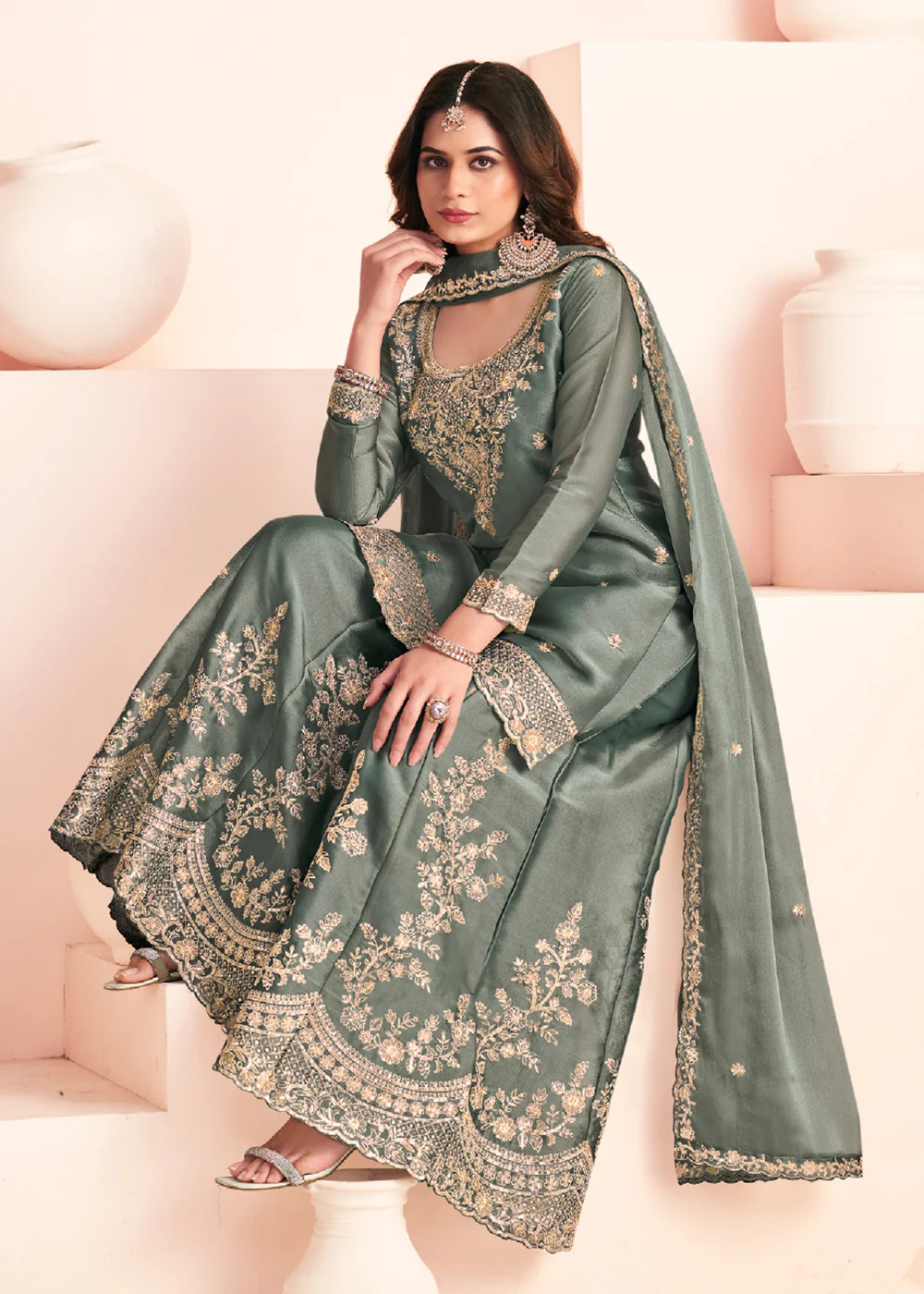 Green Moss Silk Embroidered Palazzo Style Suit - Image 3
