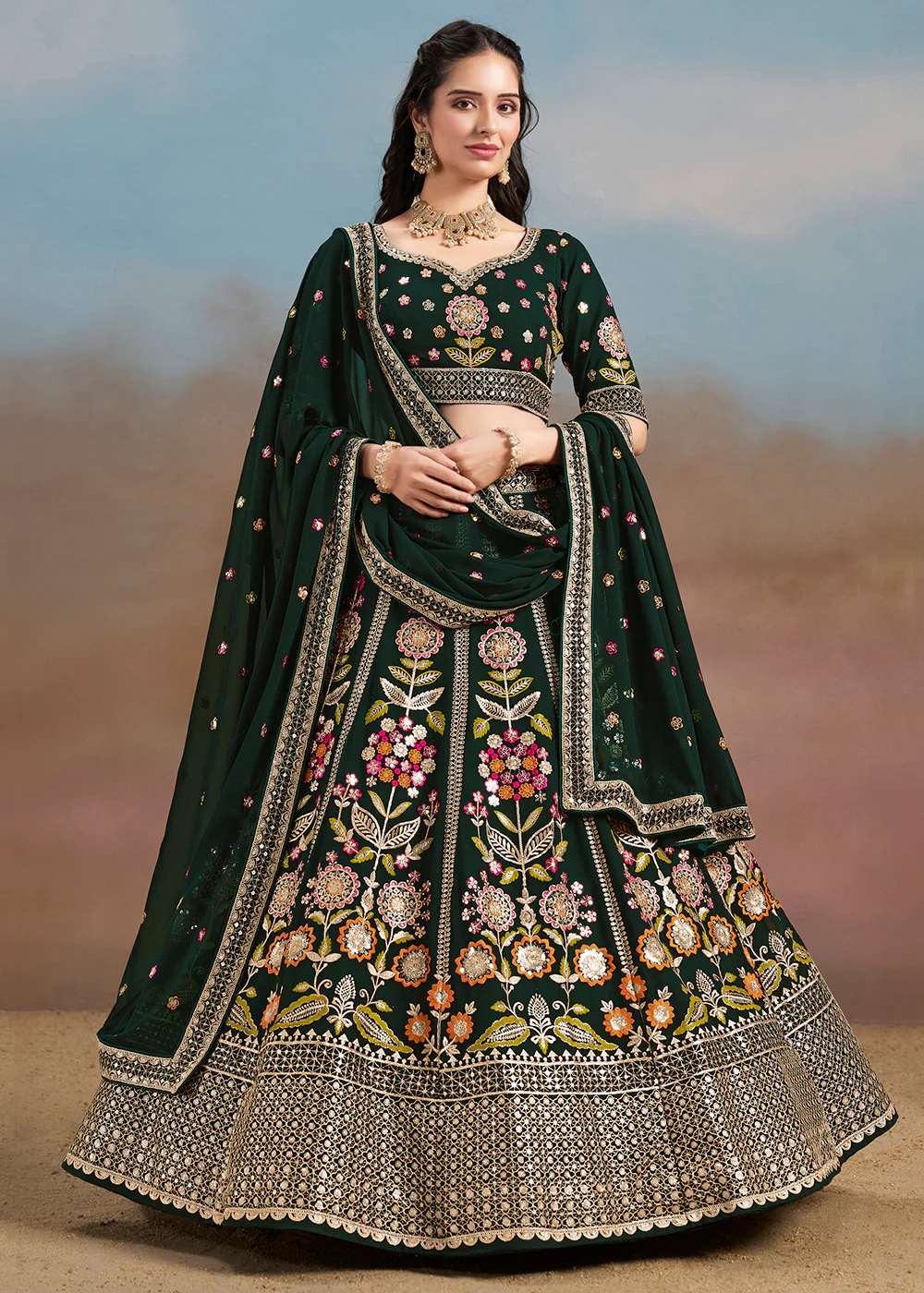 Green Multi Color Threads Work Festive Lehenga Choli
