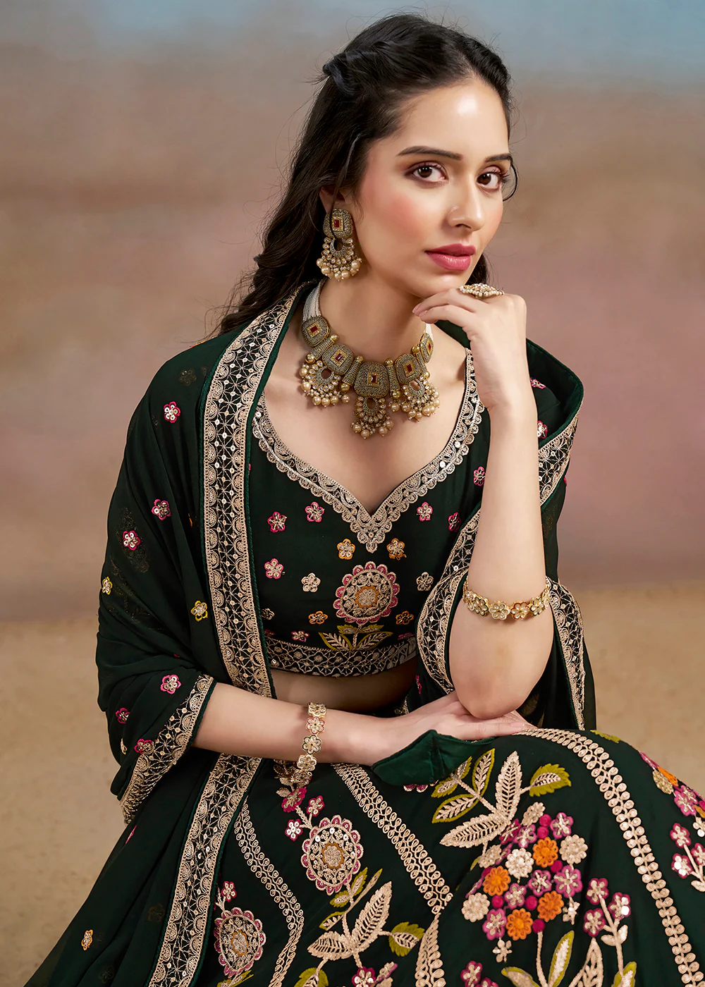 Green Multi Color Threads Work Festive Lehenga Choli - Image 2
