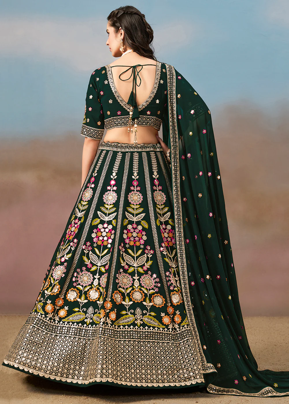 Green Multi Color Threads Work Festive Lehenga Choli - Image 3