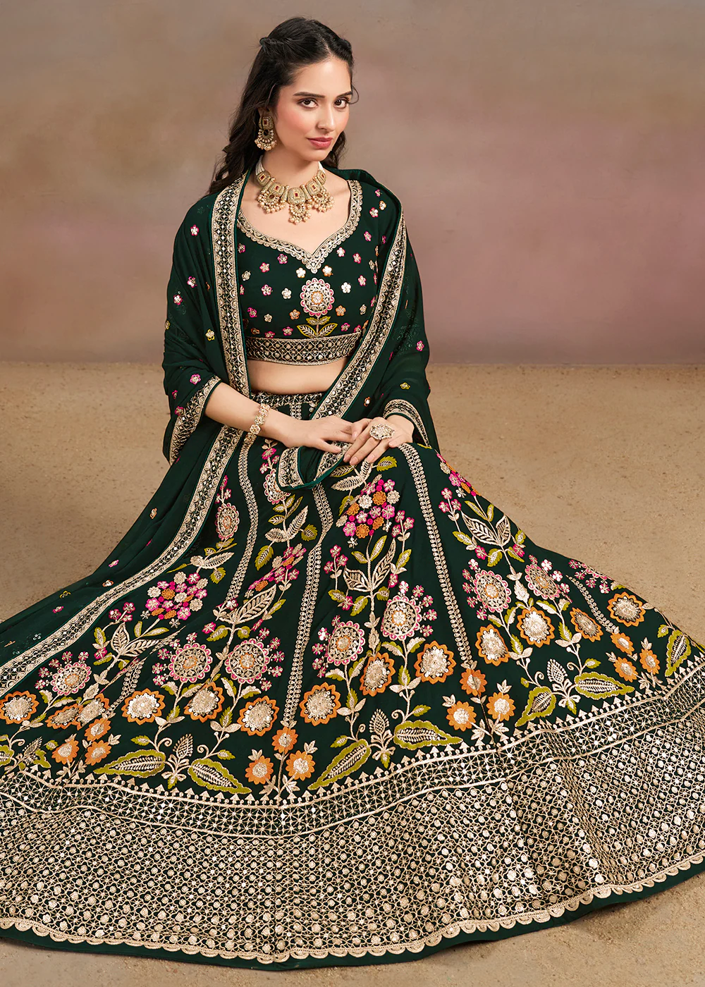 Green Multi Color Threads Work Festive Lehenga Choli - Image 4