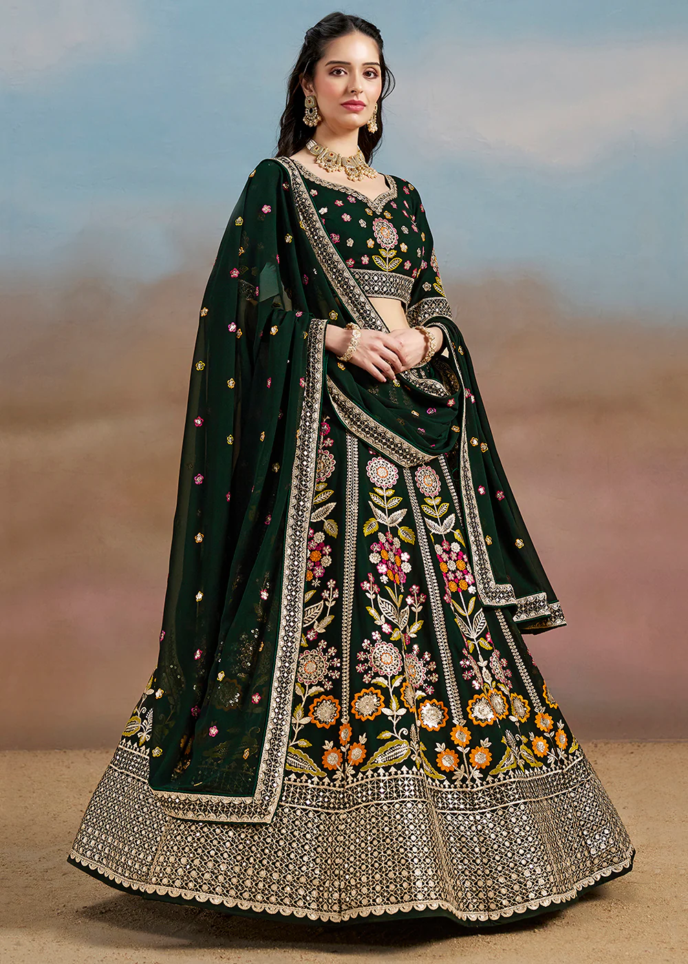 Green Multi Color Threads Work Festive Lehenga Choli - Image 5