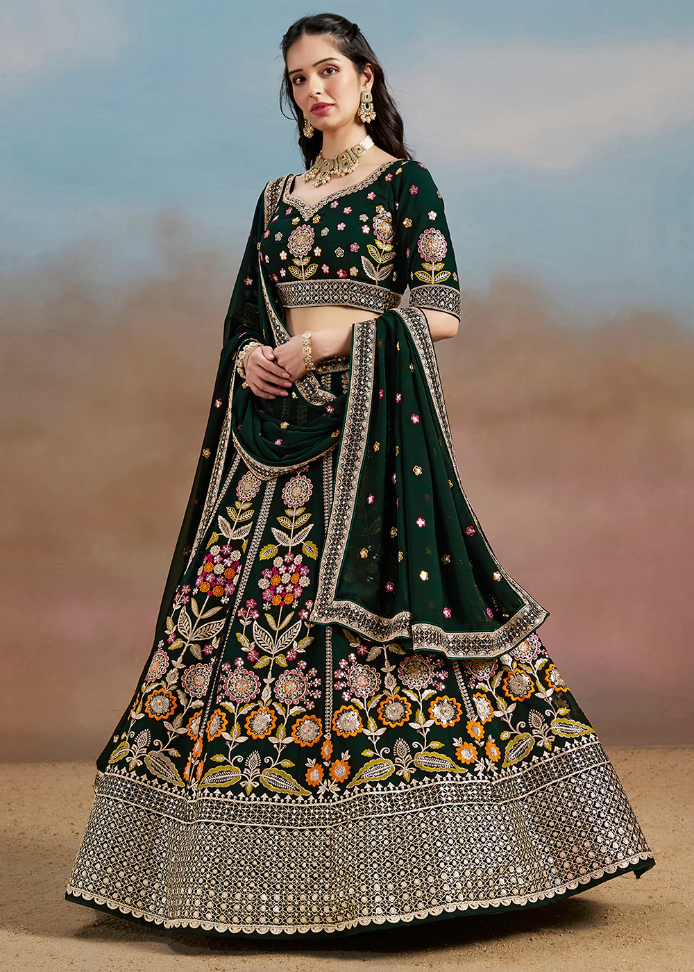 Green Multi Color Threads Work Festive Lehenga Choli - Image 7
