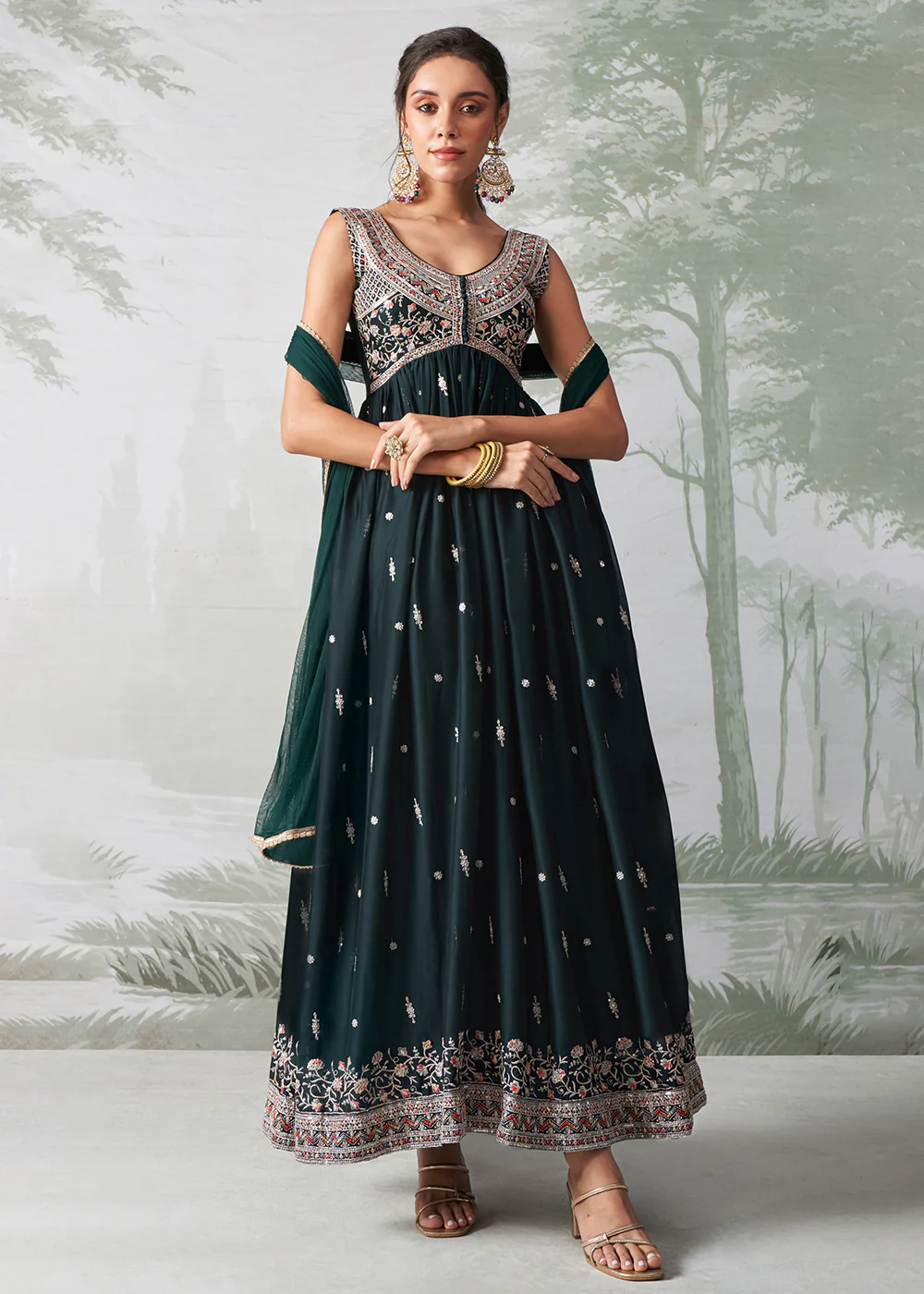 Green Multi Thread Embroidered Anarkali Style Suit - Image 3