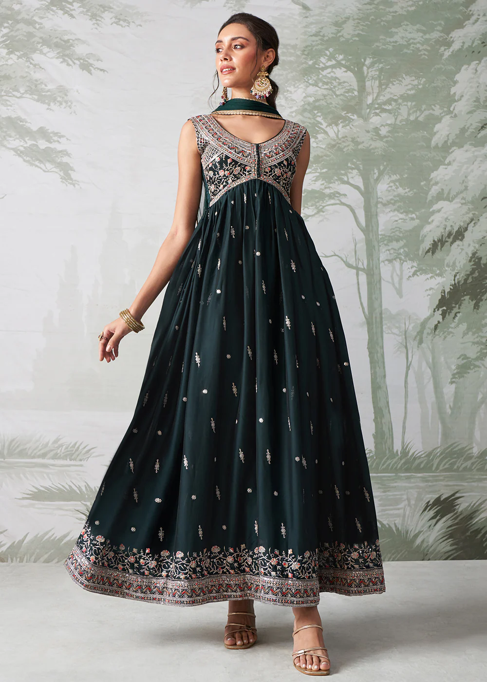 Green Multi Thread Embroidered Anarkali Style Suit - Image 4
