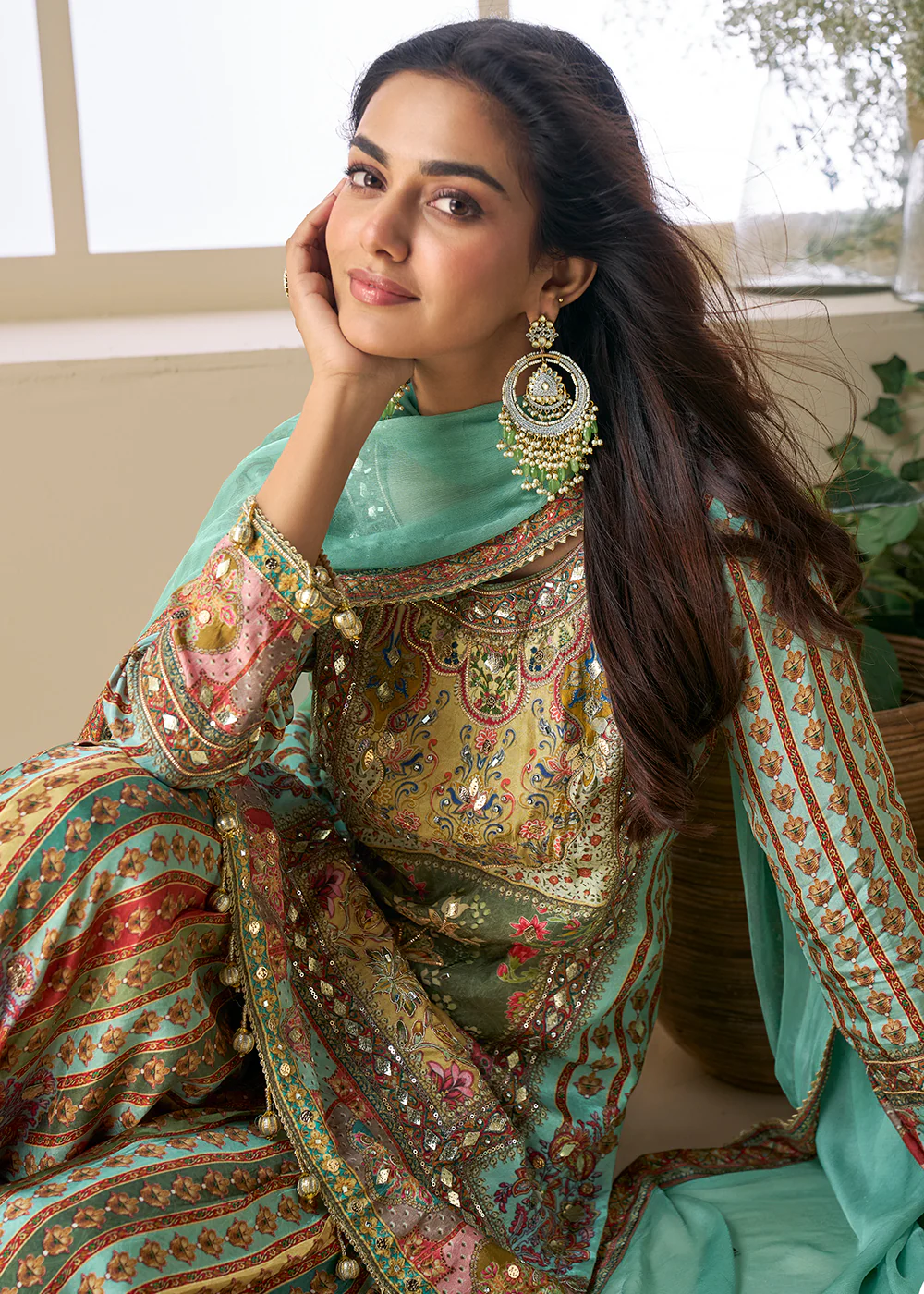 Green Multicolor Aari Embroidered Traditional Palazzo Suit - Image 4