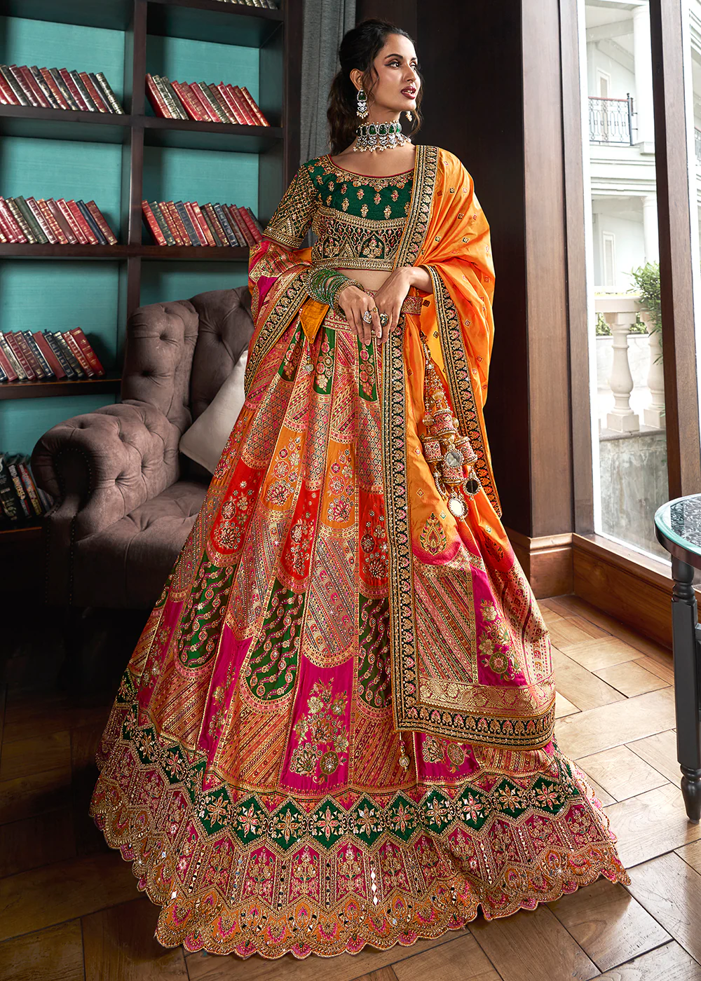 Green Multicolor Banarasi Silk Embroidered Bridal Lehenga Choli