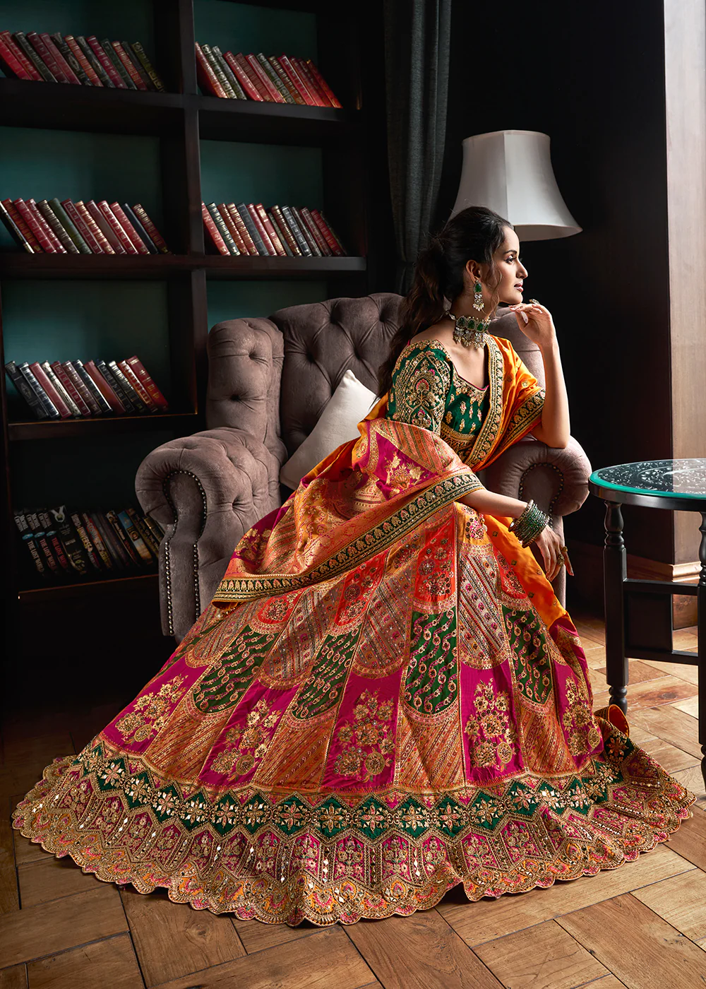 Green Multicolor Banarasi Silk Embroidered Bridal Lehenga Choli - Image 4