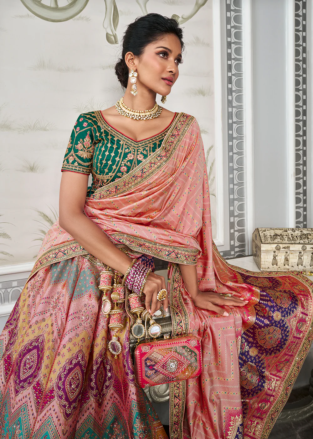 Green Multicolor Banarasi Silk Embroidered Bridal Lehenga Choli - Image 2