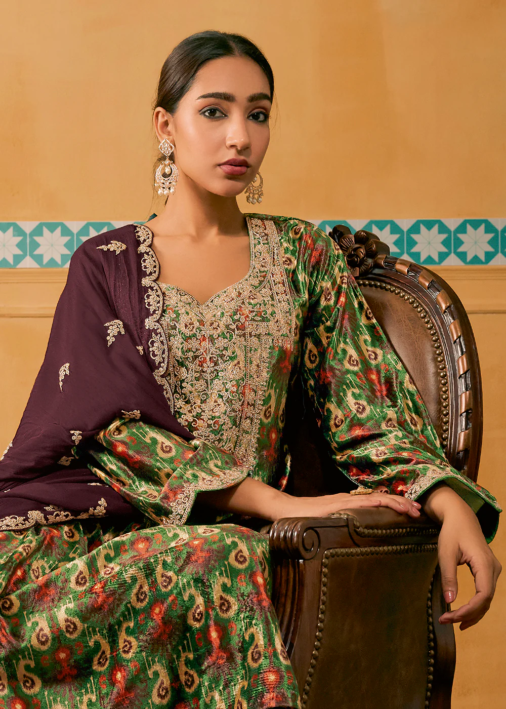 Green Multicolor Digital Printed Embroidered Velvet Salwar Suit - Image 2
