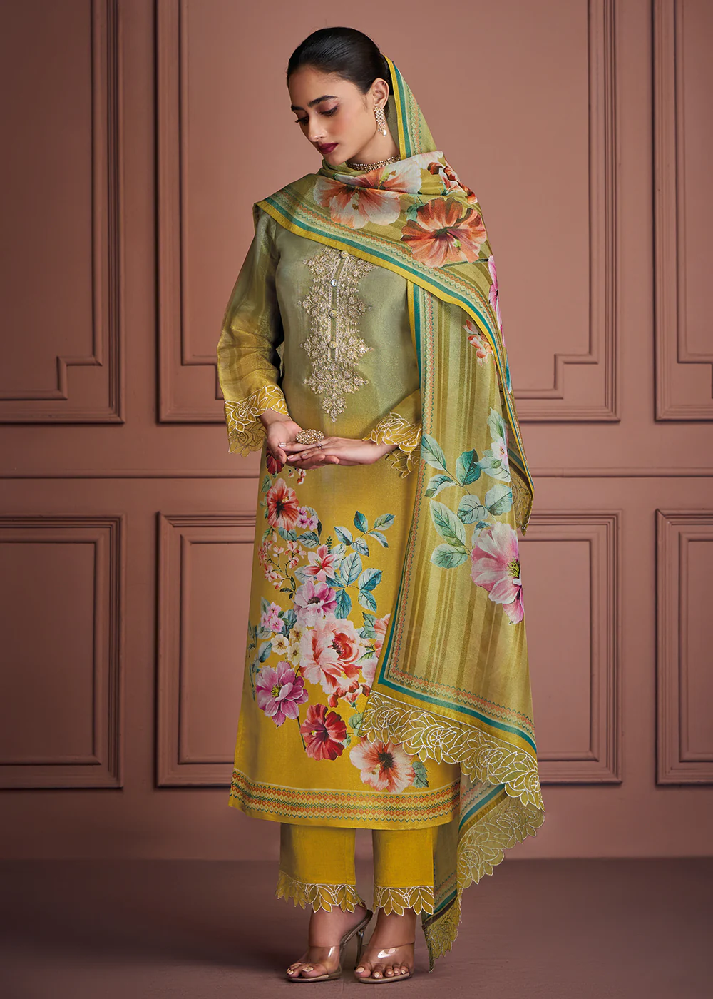 Green & Mustard Muslin Festive Style Salwar Suit