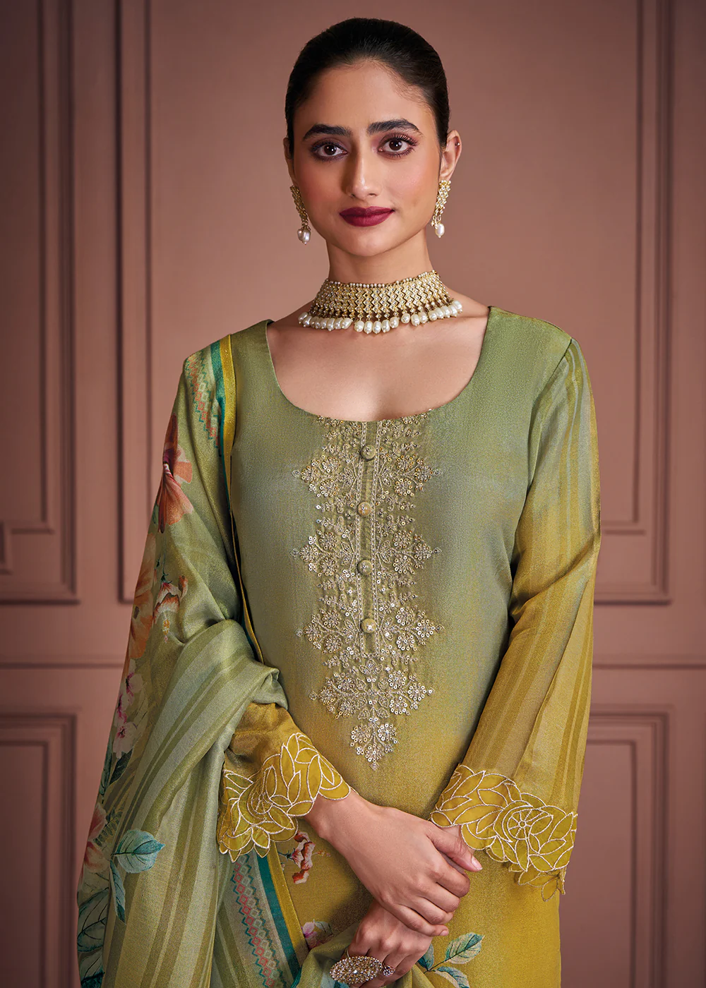 Green & Mustard Muslin Festive Style Salwar Suit - Image 2