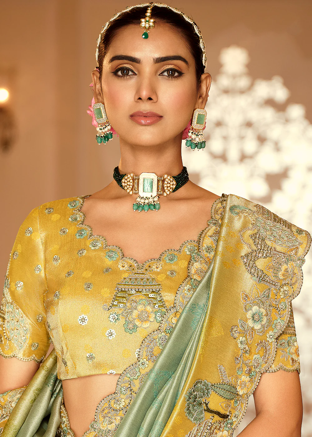 Green & Mustard Traditional Embroidered Designer Saree - Image 2