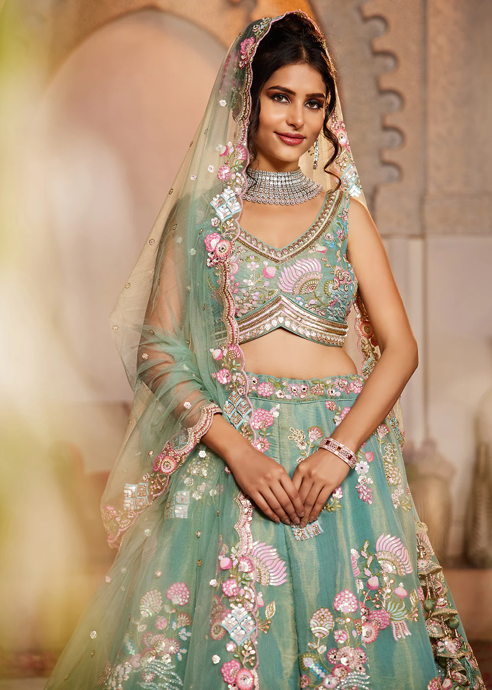 Green Net Bridal Embroidered Designer Lehenga Choli - Image 2