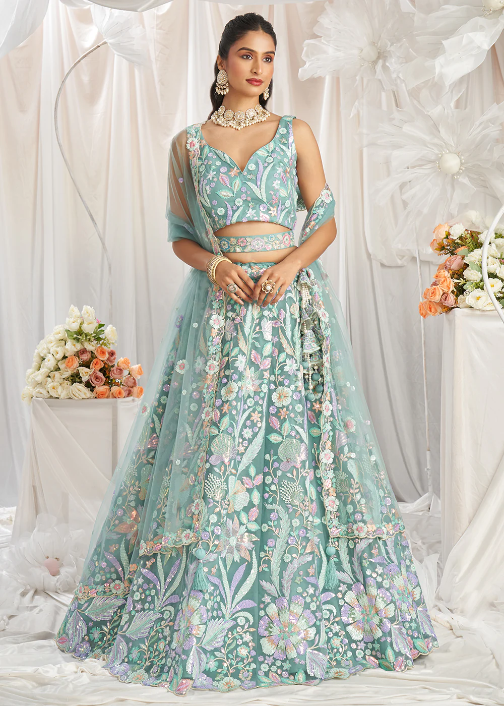Green Net Floral Embroidered Designer Lehenga Choli