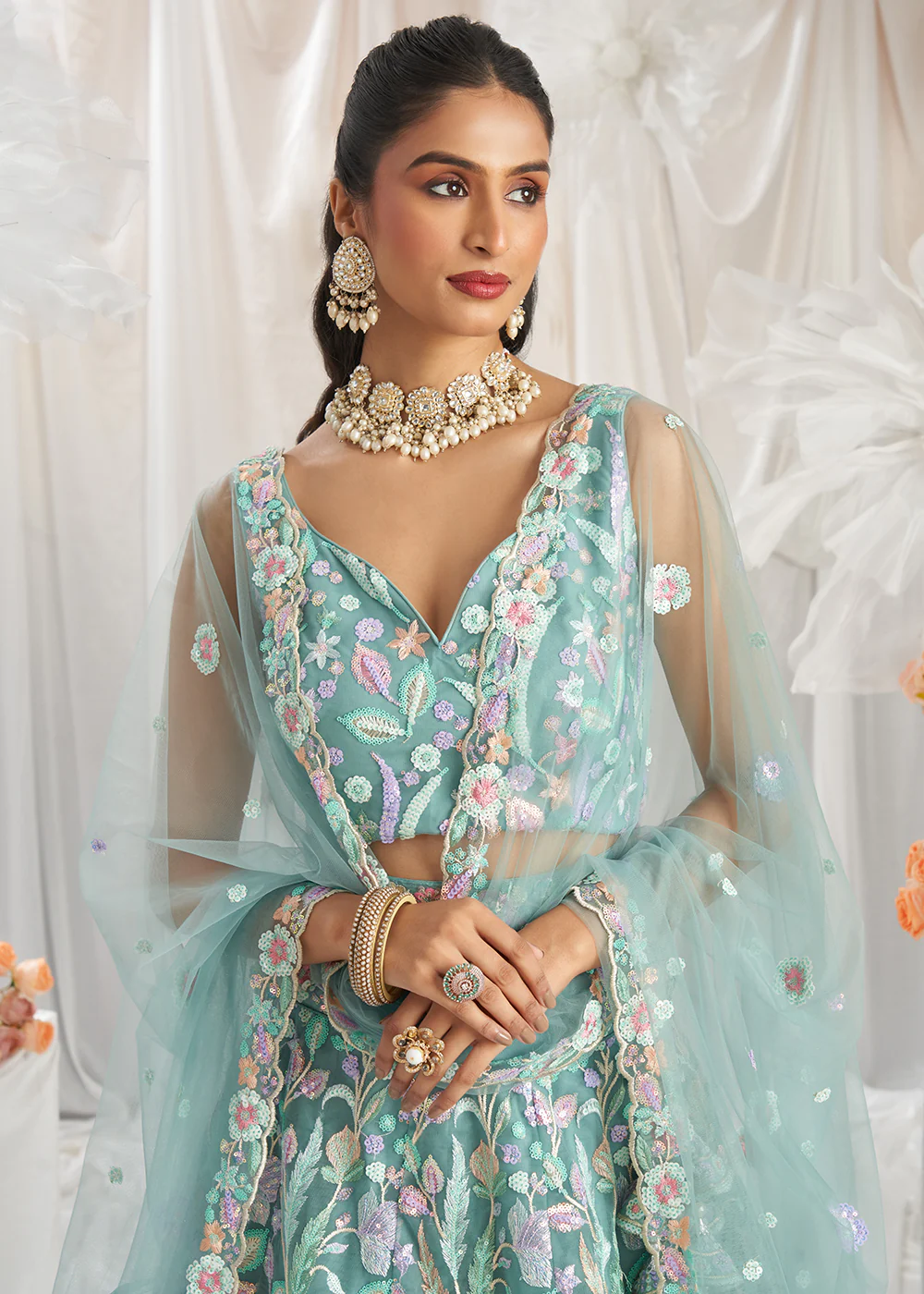Green Net Floral Embroidered Designer Lehenga Choli - Image 2