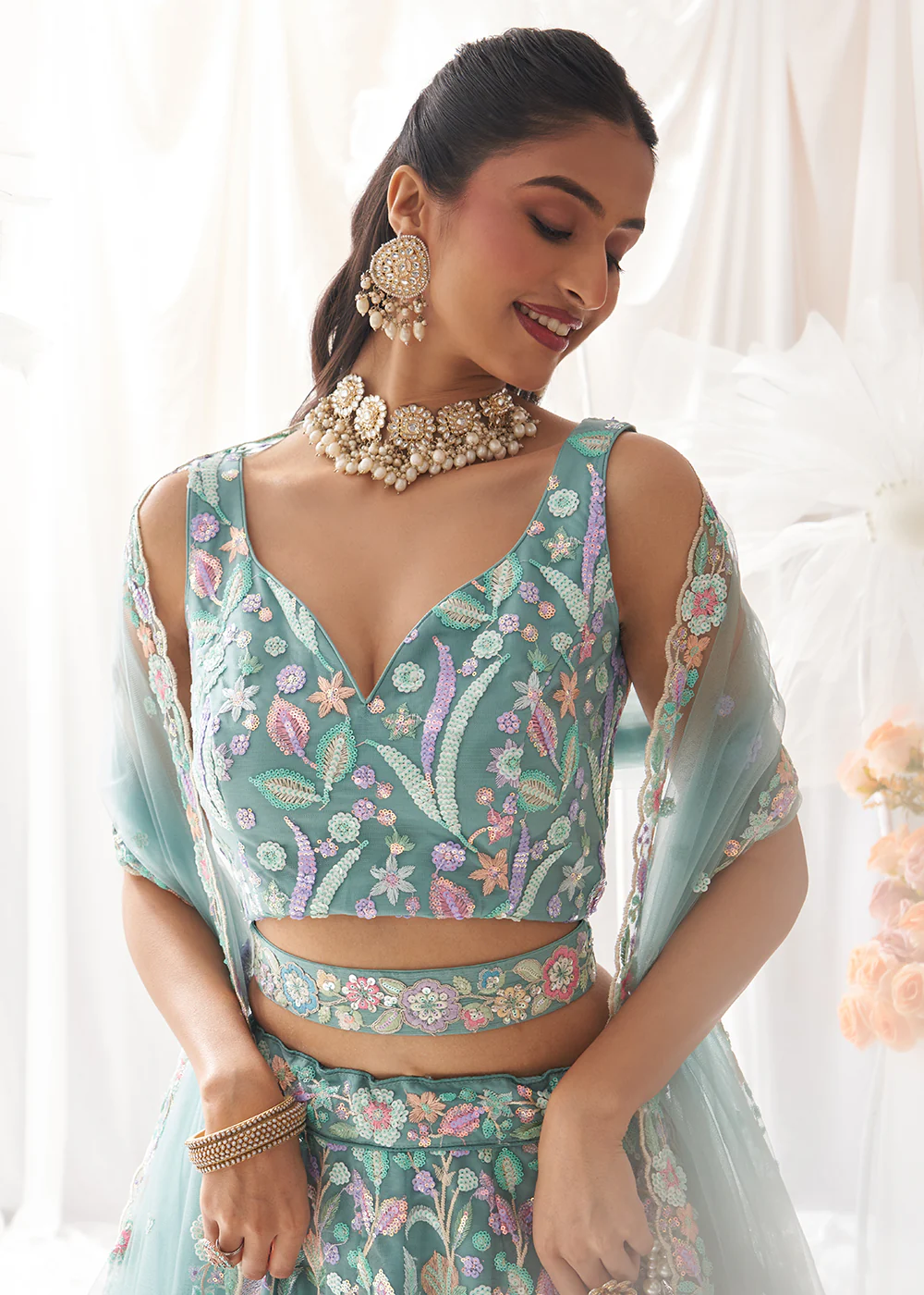 Green Net Floral Embroidered Designer Lehenga Choli - Image 4