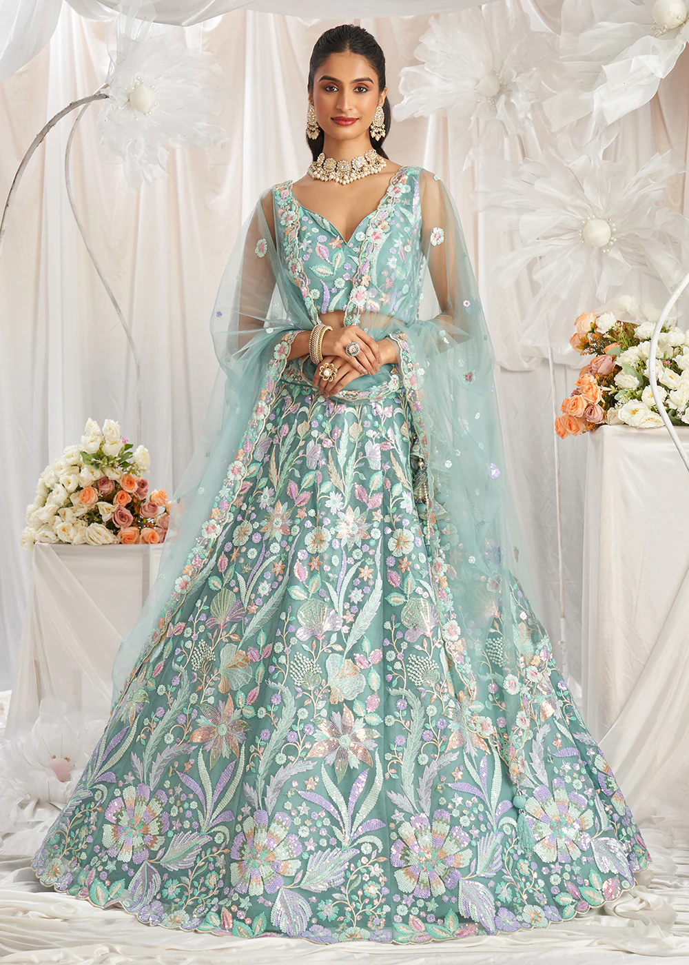 Green Net Floral Embroidered Designer Lehenga Choli - Image 5