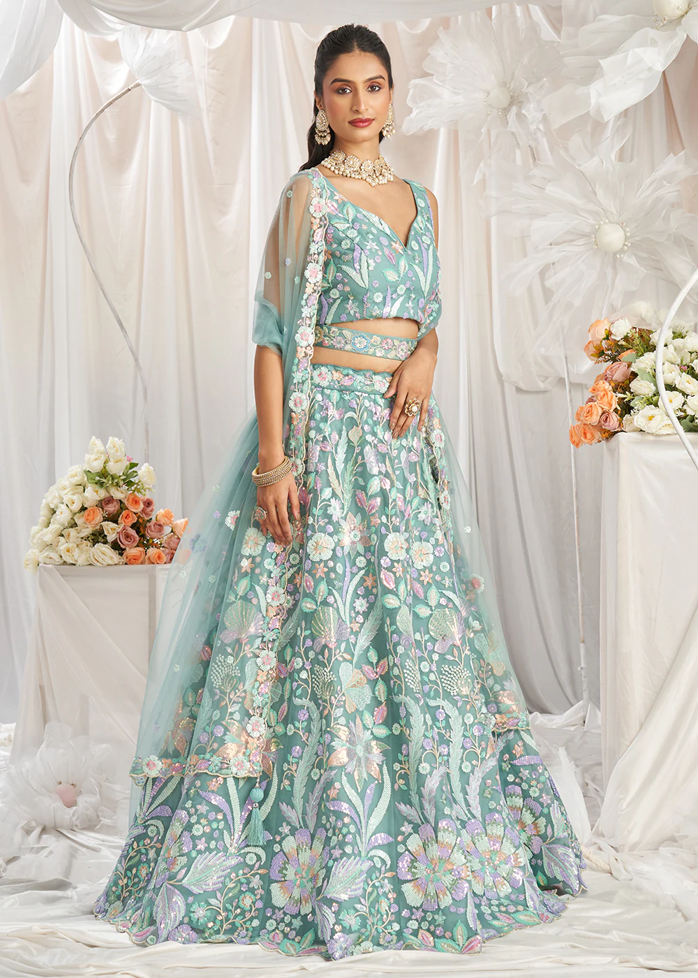 Green Net Floral Embroidered Designer Lehenga Choli - Image 6