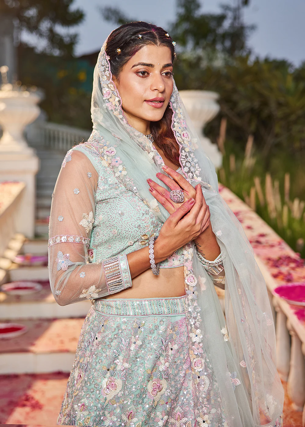 Green Net Sequins & Zarkan Embroidered Bridal Lehenga Choli - Image 2