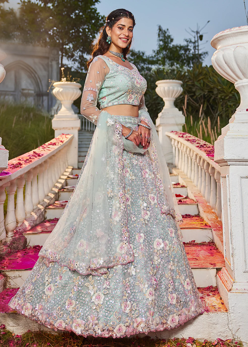 Green Net Sequins & Zarkan Embroidered Bridal Lehenga Choli - Image 6
