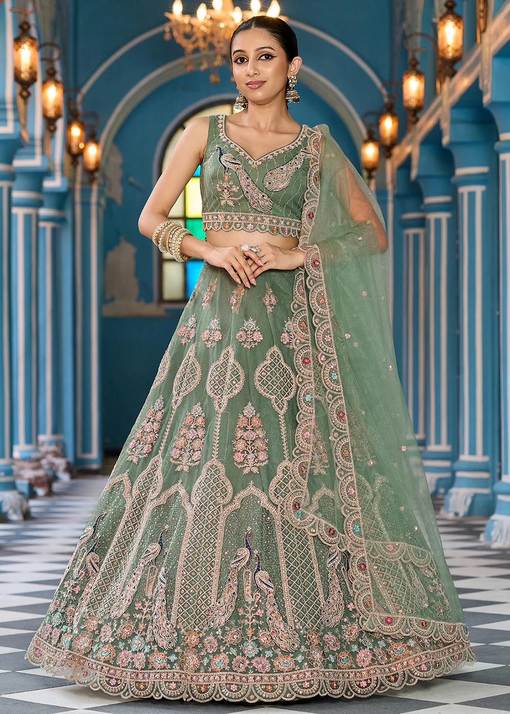 Green Net Wedding Function Style Lehenga Choli