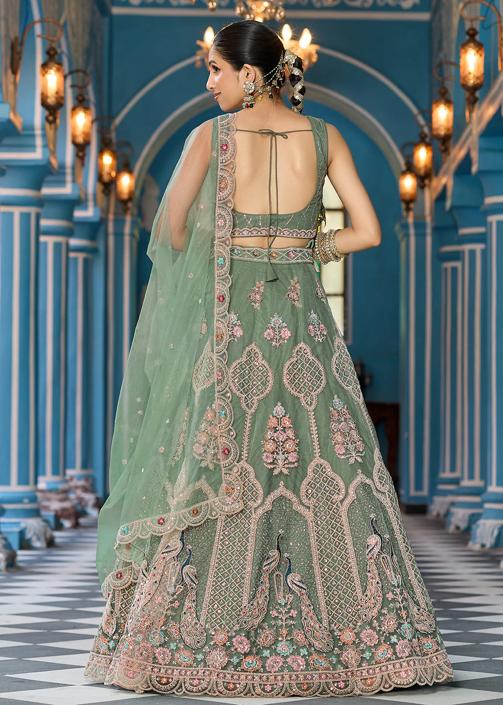 Green Net Wedding Function Style Lehenga Choli - Image 3