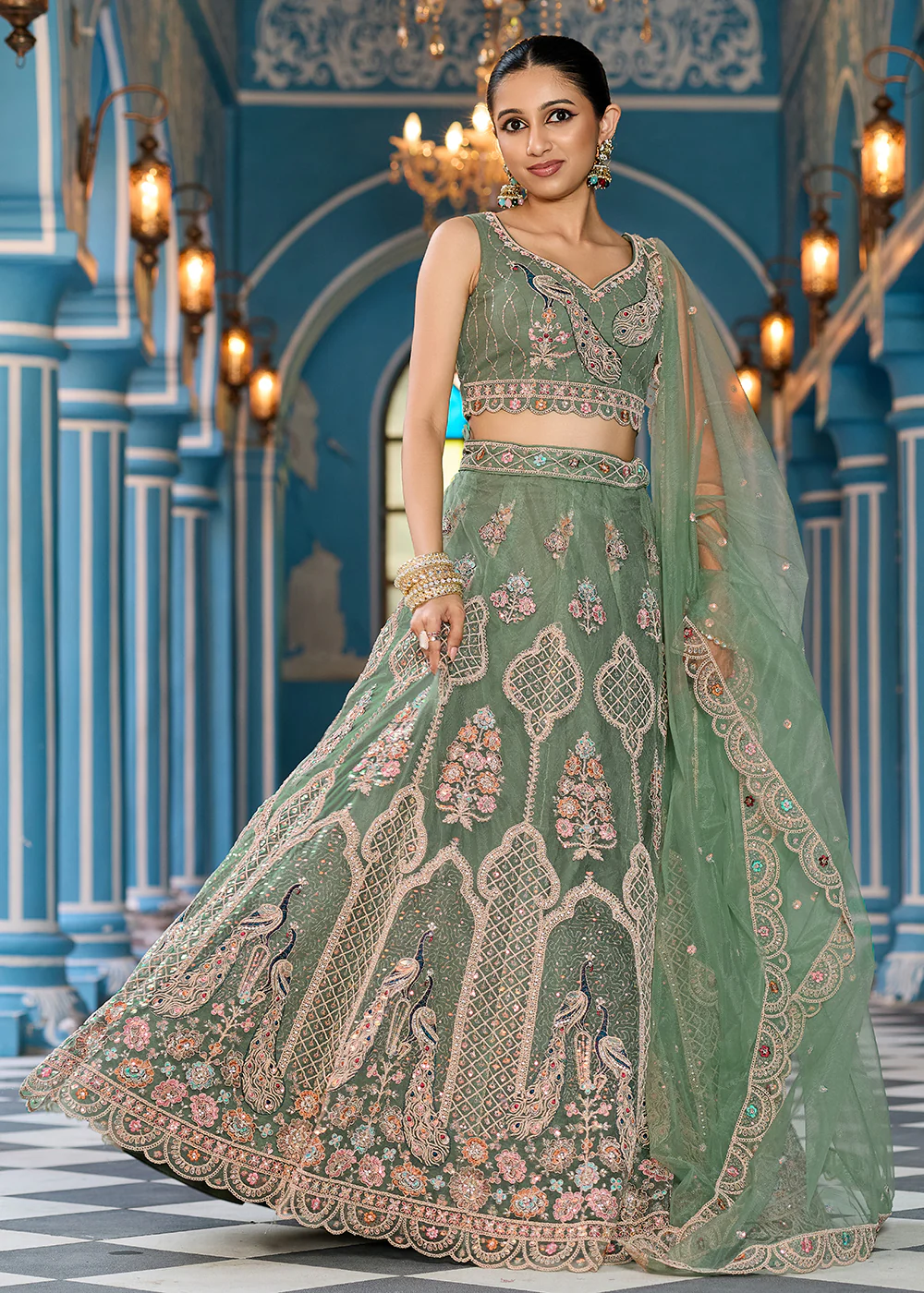 Green Net Wedding Function Style Lehenga Choli - Image 4