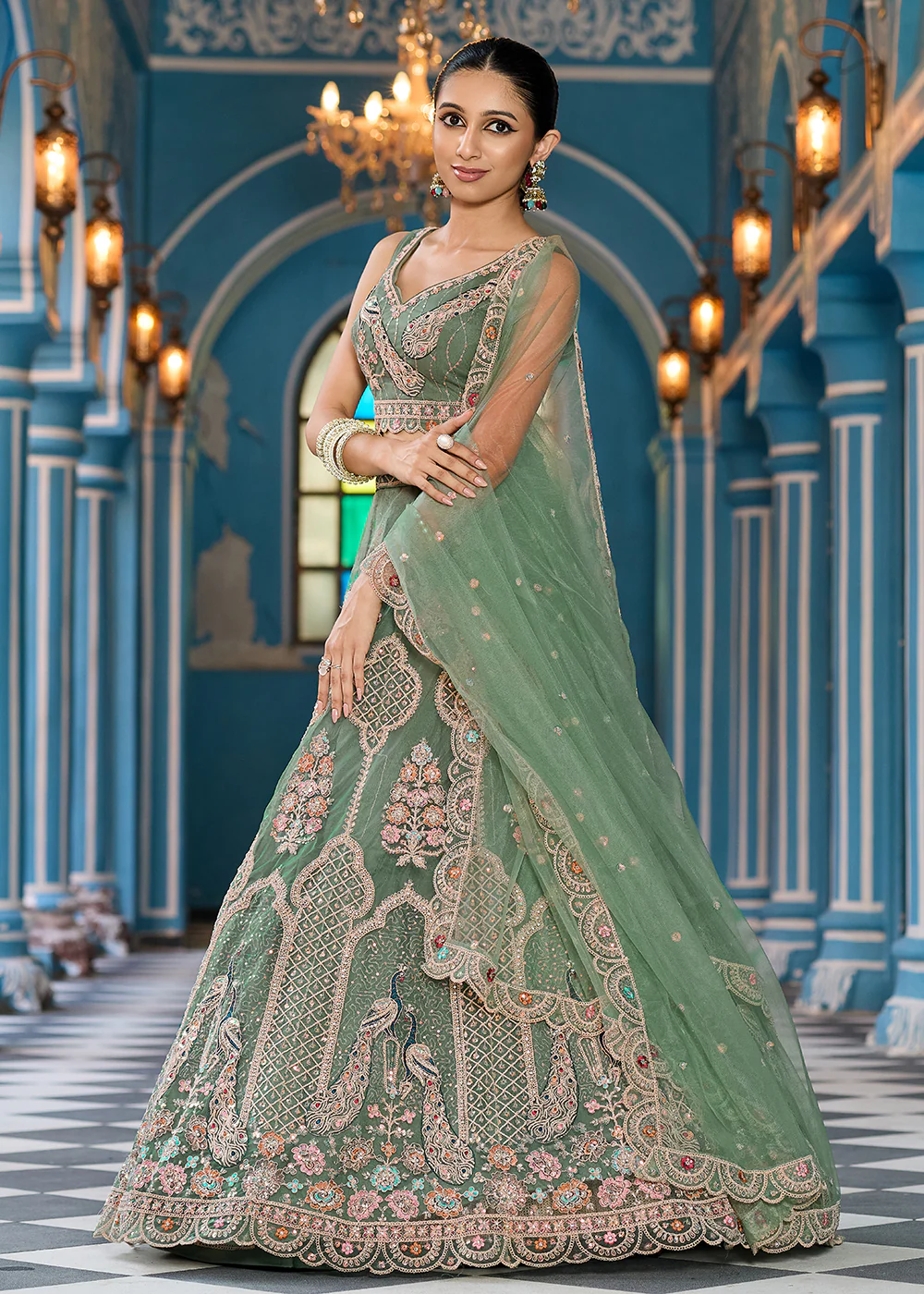 Green Net Wedding Function Style Lehenga Choli - Image 5