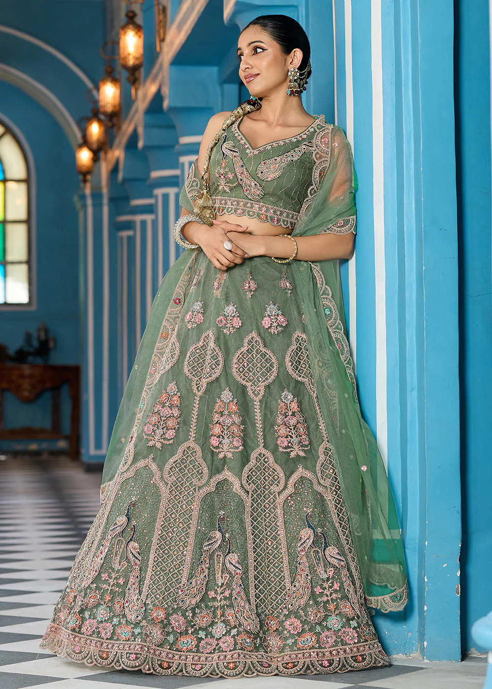 Green Net Wedding Function Style Lehenga Choli - Image 6