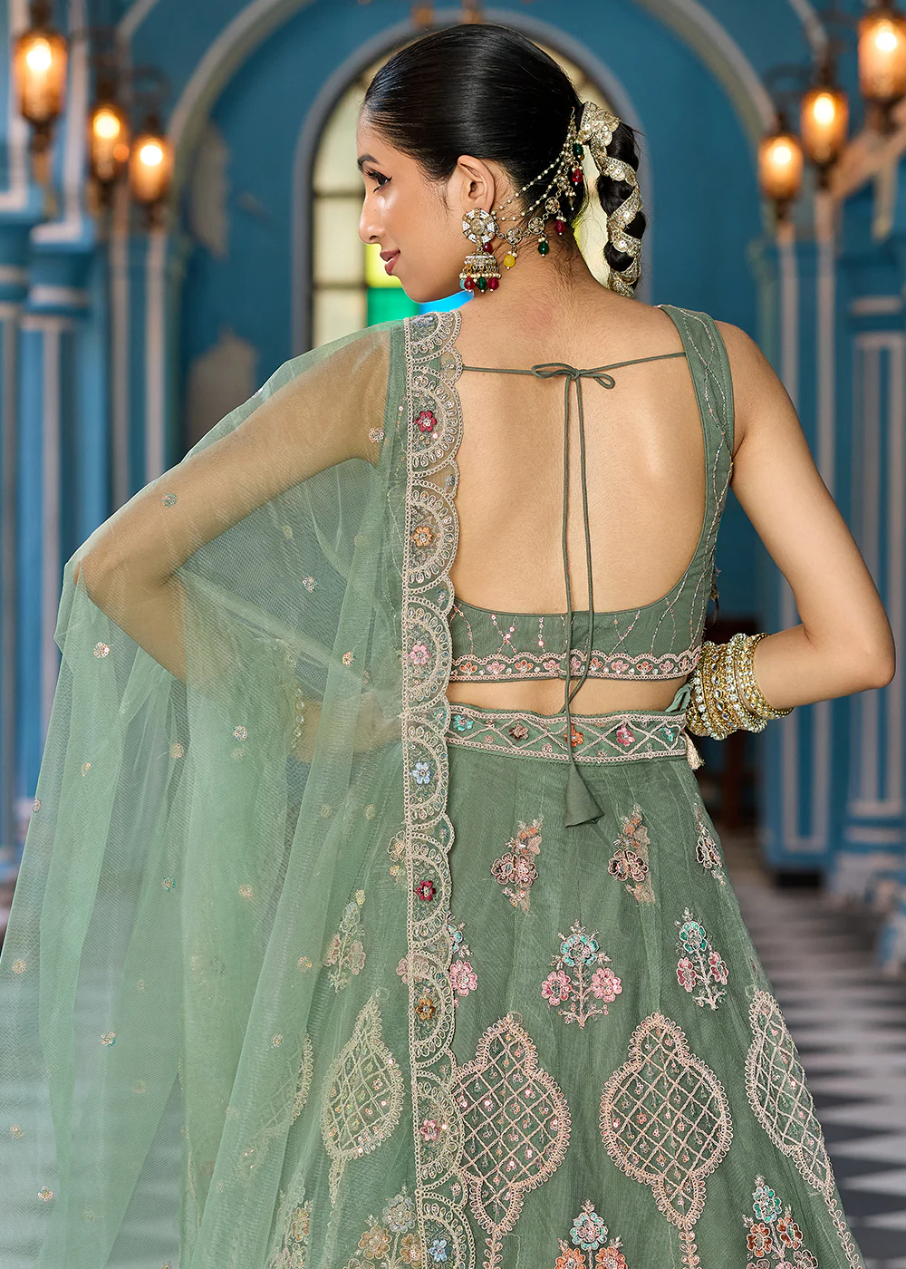 Green Net Wedding Function Style Lehenga Choli - Image 7