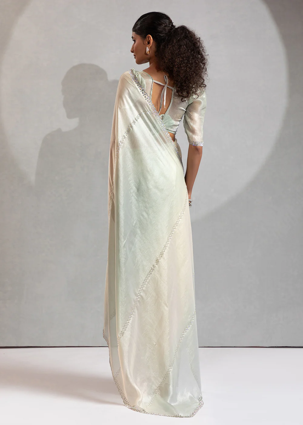 Green & Off White Satin Silk Designer Saree - Image 3
