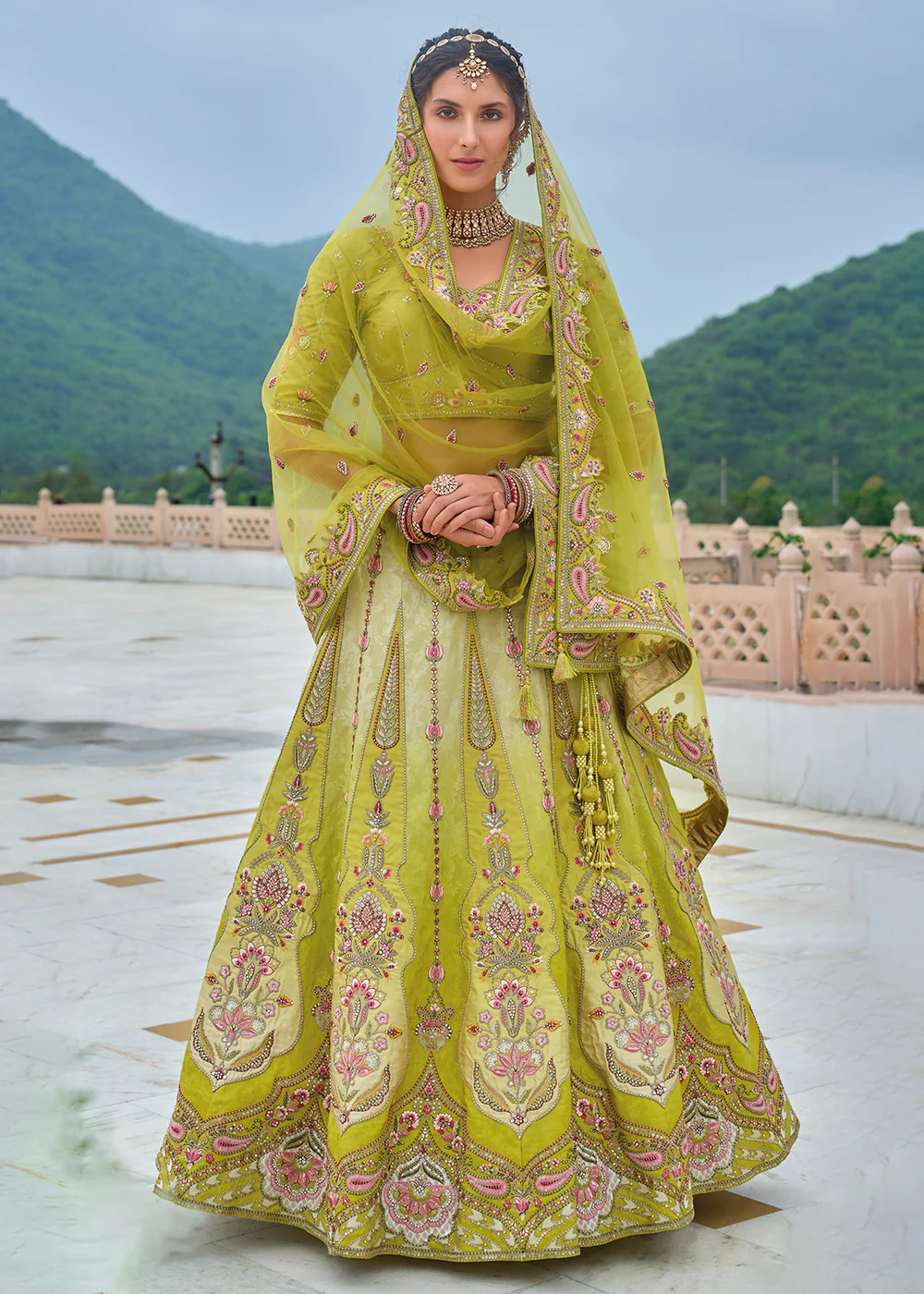 Green Ombre Heavy Embroidered Bridal Style Lehenga Choli - Image 4