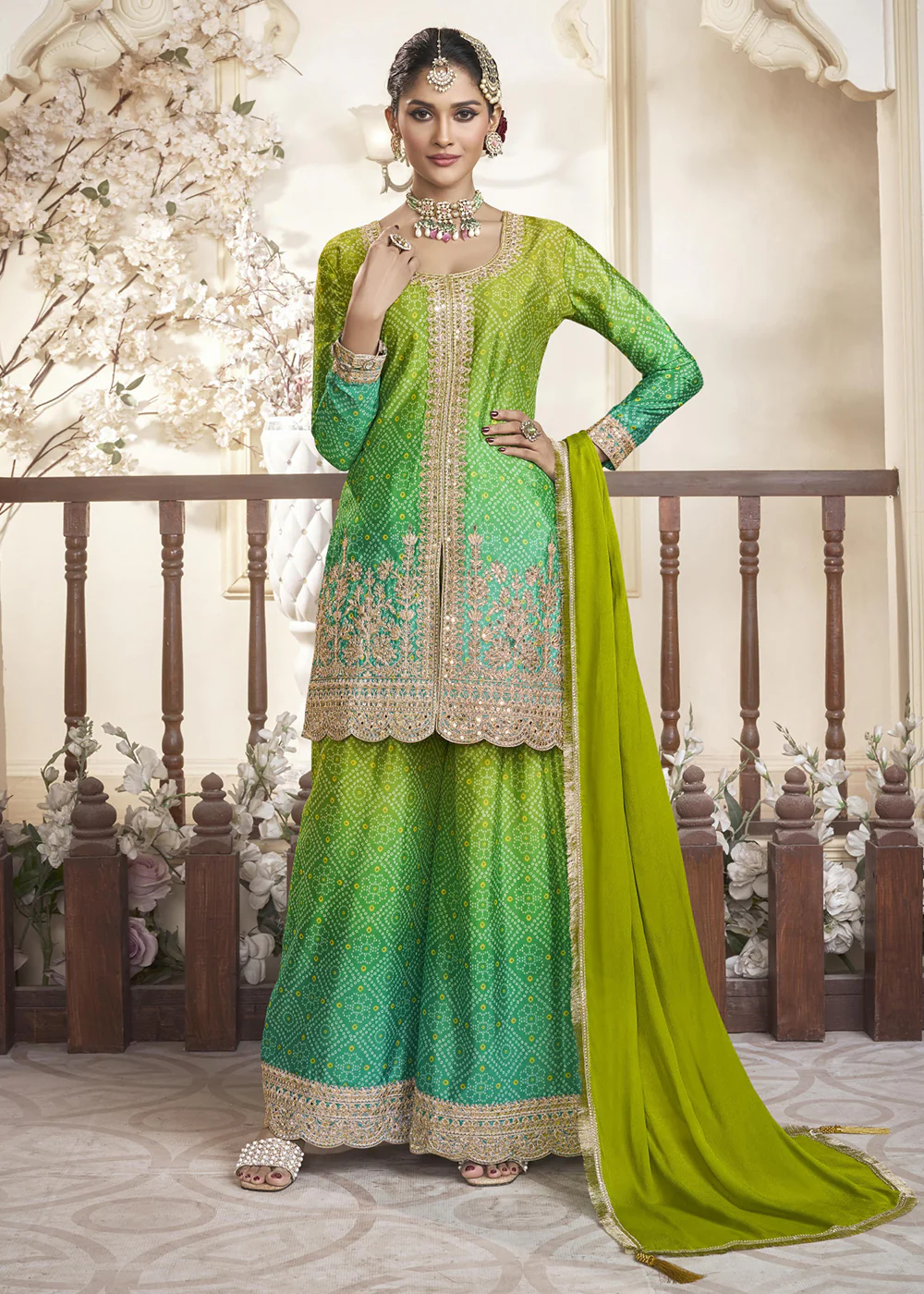 Green Ombre Pure Chinnon Wedding Festive Palazzo Suit