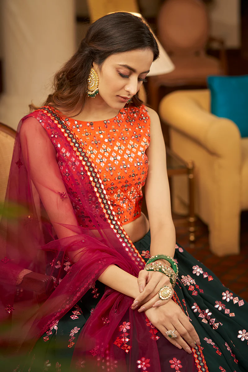 Green & Orange Gotta Patti Embroidered Lehenga Choli - Image 2