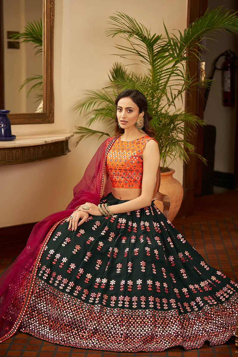 Green & Orange Gotta Patti Embroidered Lehenga Choli - Image 3