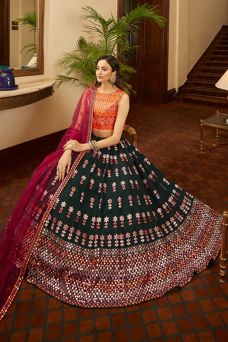 Green & Orange Gotta Patti Embroidered Lehenga Choli - Image 4