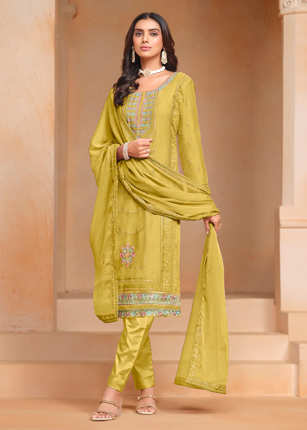 Green Organza Chiffon Embroidered Festive Salwar Suit - Image 3