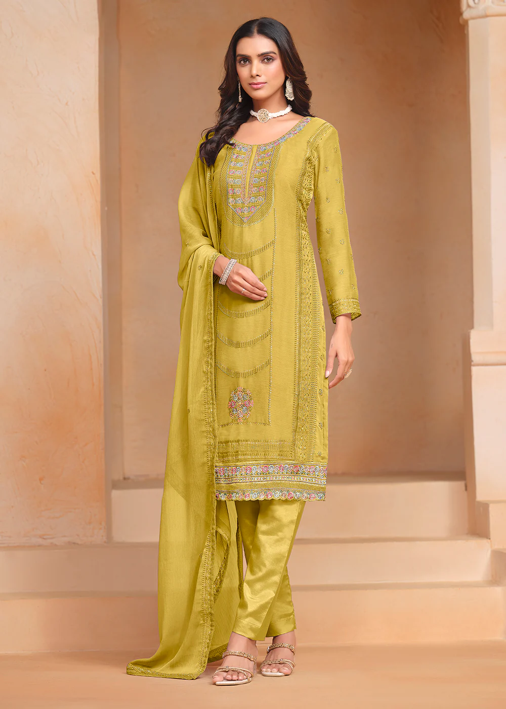 Green Organza Chiffon Embroidered Festive Salwar Suit - Image 4