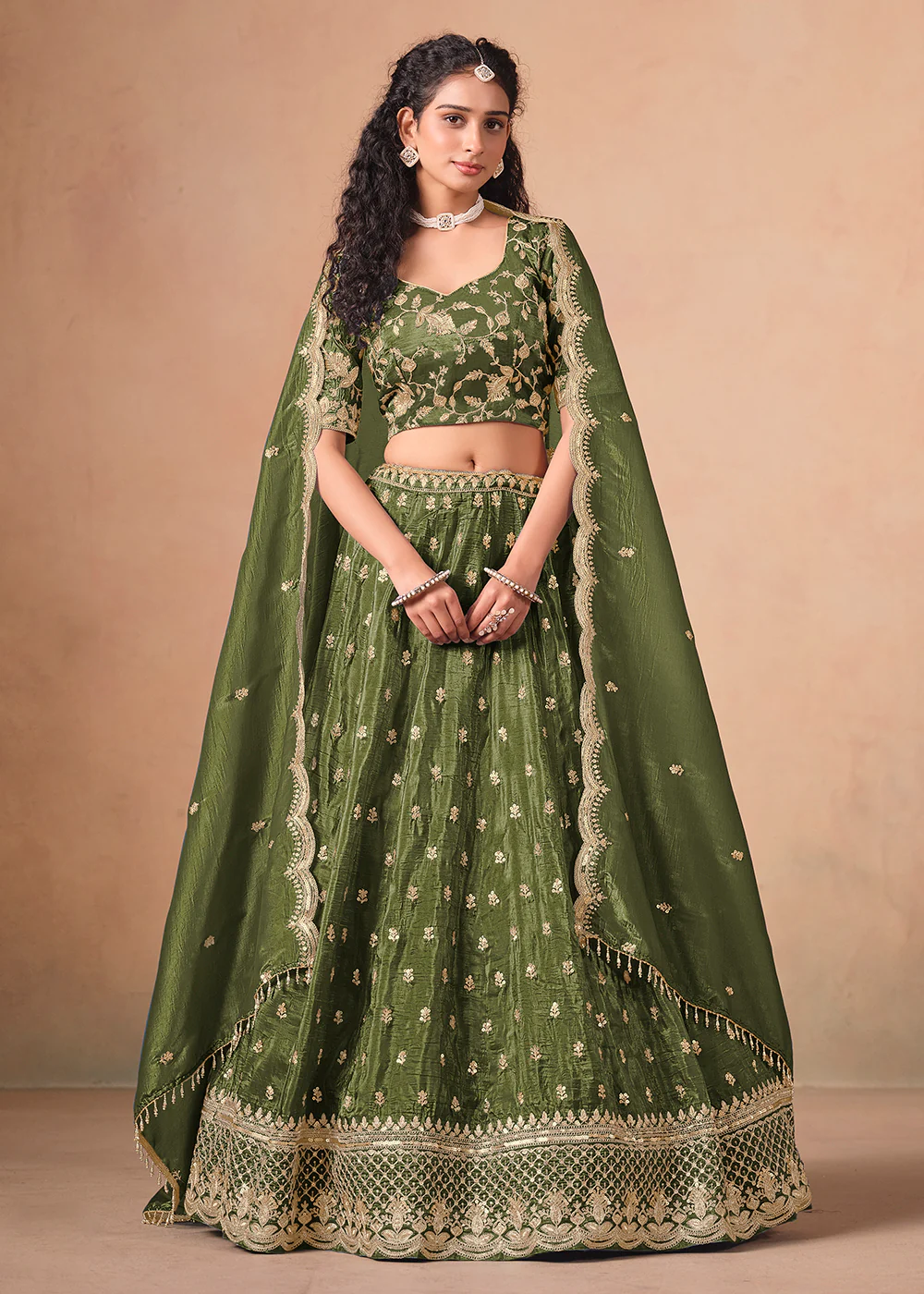 Green Organza Crushed Embroidered Lehenga Choli