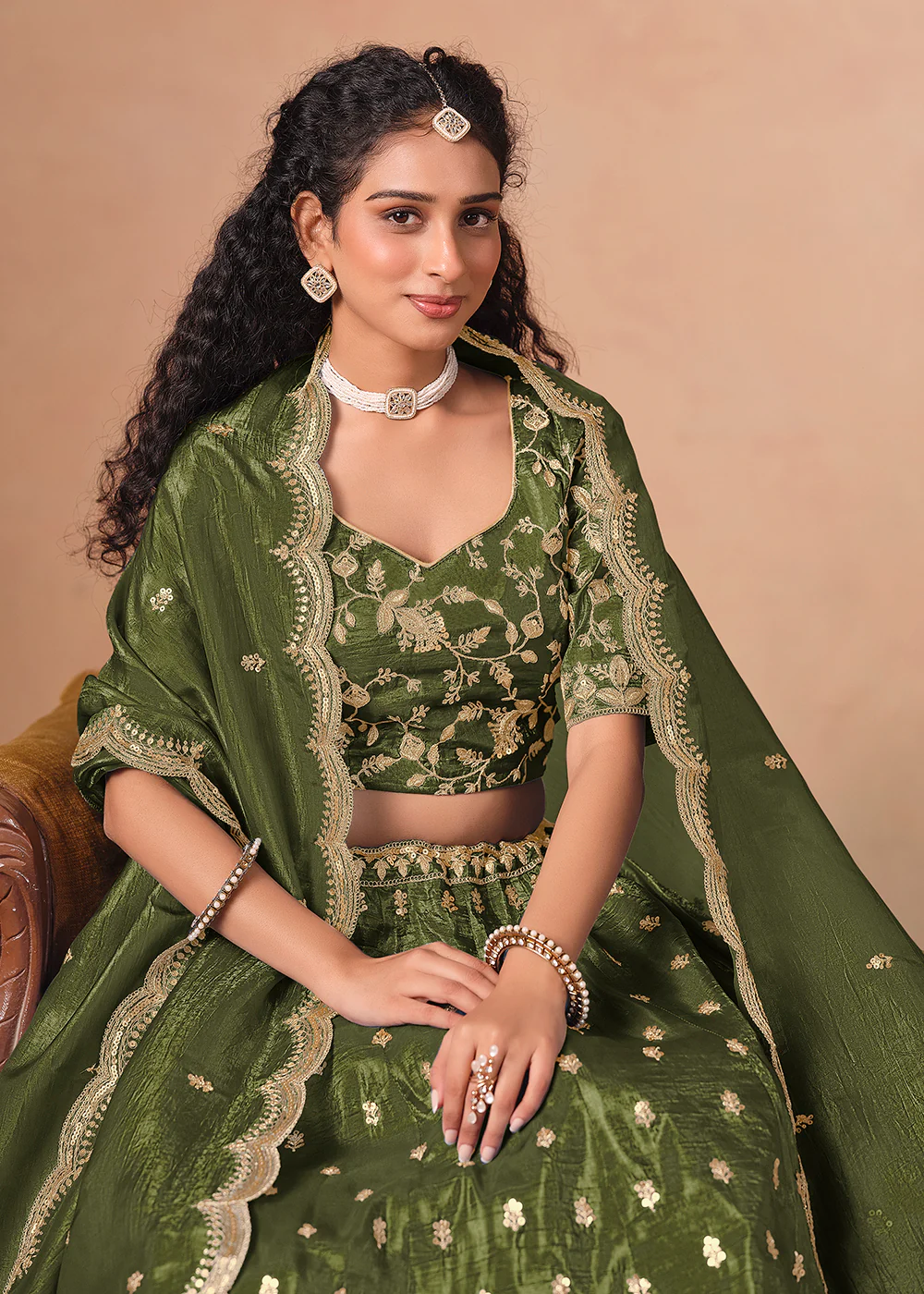 Green Organza Crushed Embroidered Lehenga Choli - Image 2