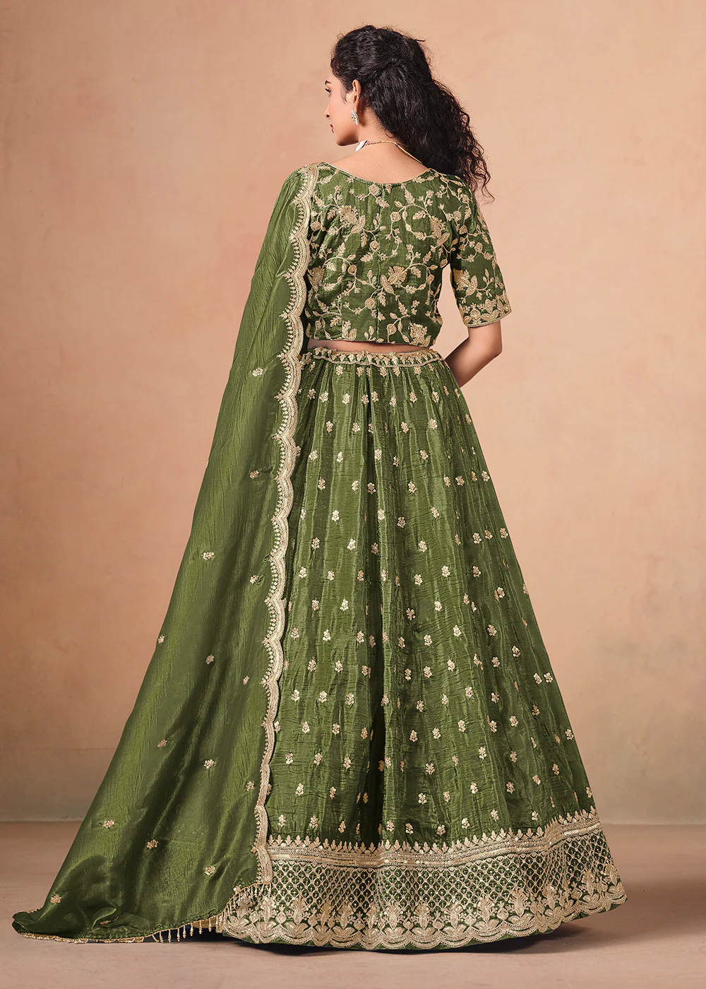 Green Organza Crushed Embroidered Lehenga Choli - Image 3