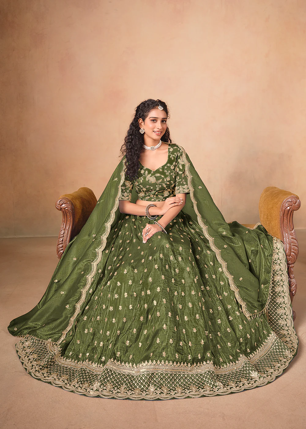 Green Organza Crushed Embroidered Lehenga Choli - Image 4