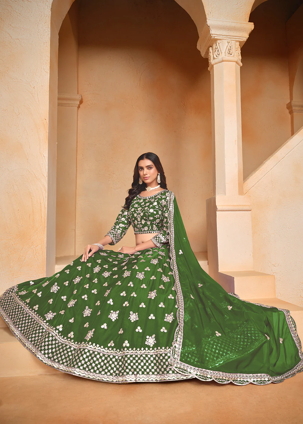 Green Organza Embroidered Festive Lehenga Choli - Image 4