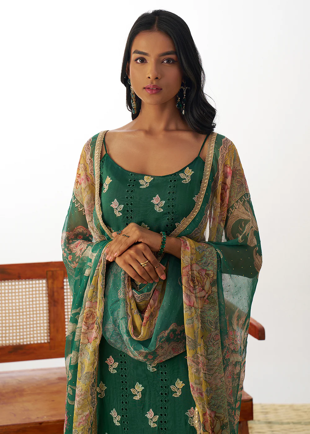 Green Organza Embroidered Kurta Style Salwar Suit - Image 2