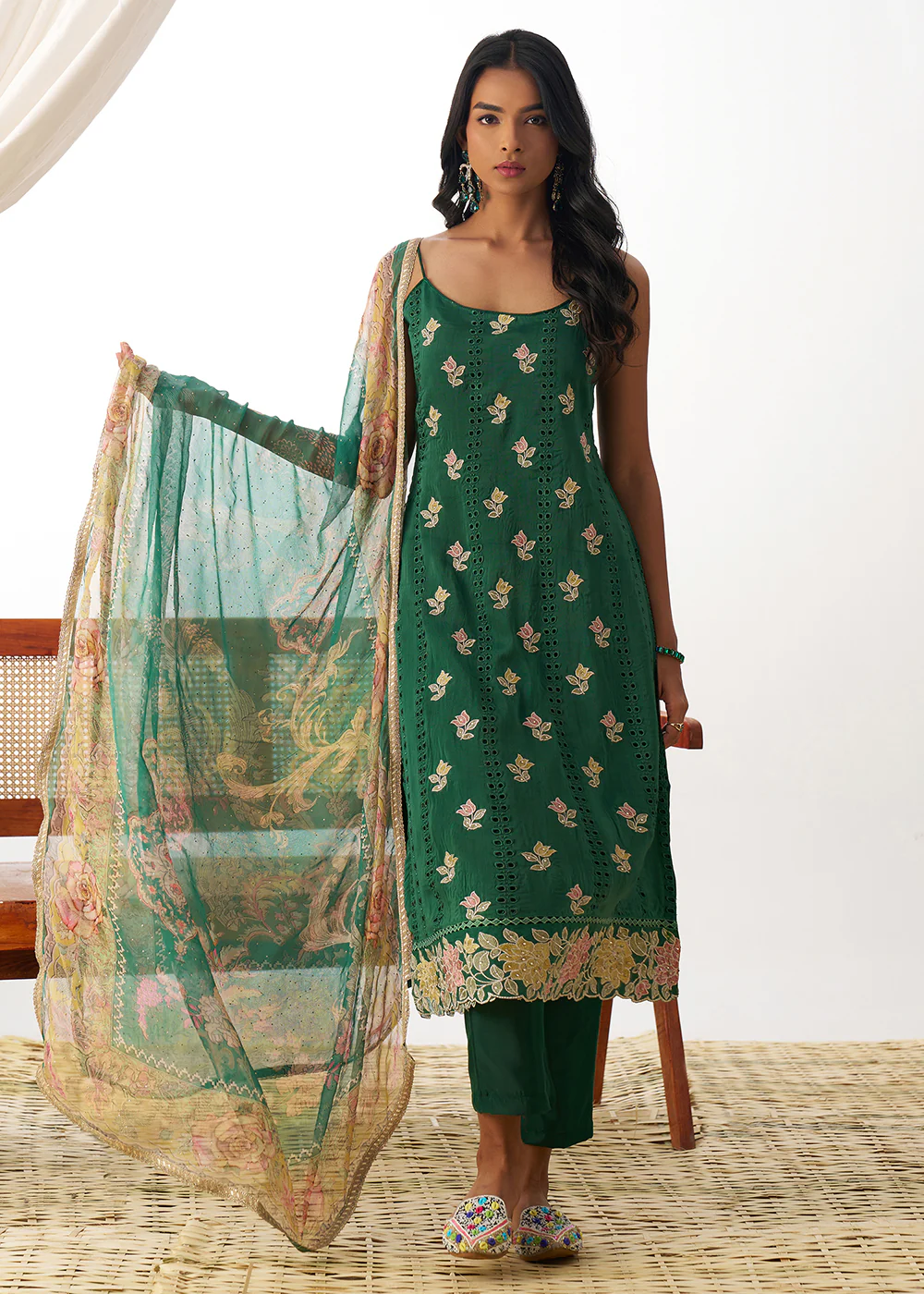 Green Organza Embroidered Kurta Style Salwar Suit - Image 4