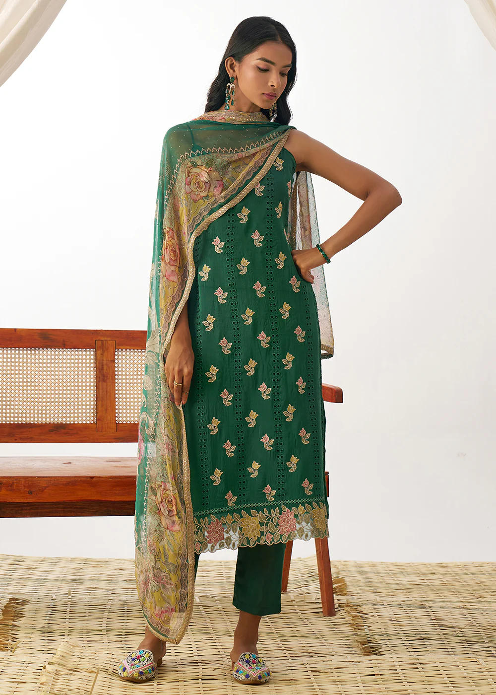 Green Organza Embroidered Kurta Style Salwar Suit - Image 5