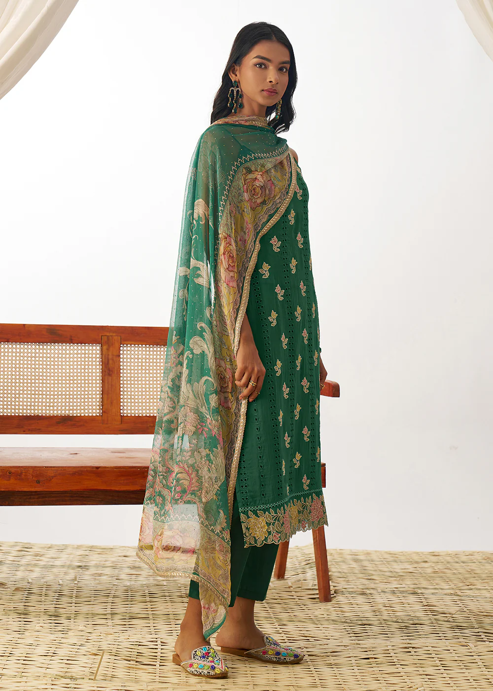 Green Organza Embroidered Kurta Style Salwar Suit - Image 6