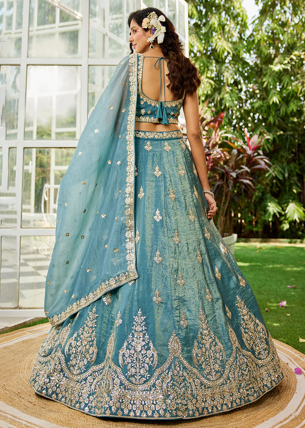 Green Organza Fabric Embroidered Designer Lehenga Choli - Image 3