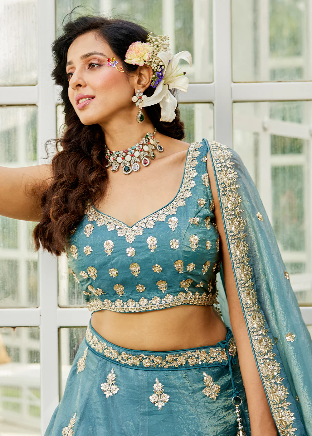 Green Organza Fabric Embroidered Designer Lehenga Choli - Image 4